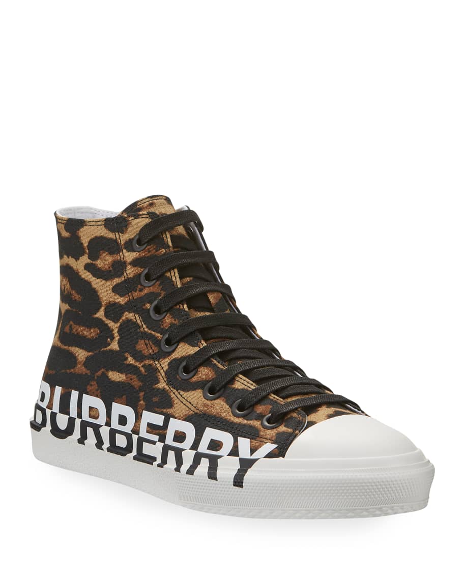 Burberry Men's Larkhall Leopard-Print Logo High-Top Sneakers | Neiman Marcus
