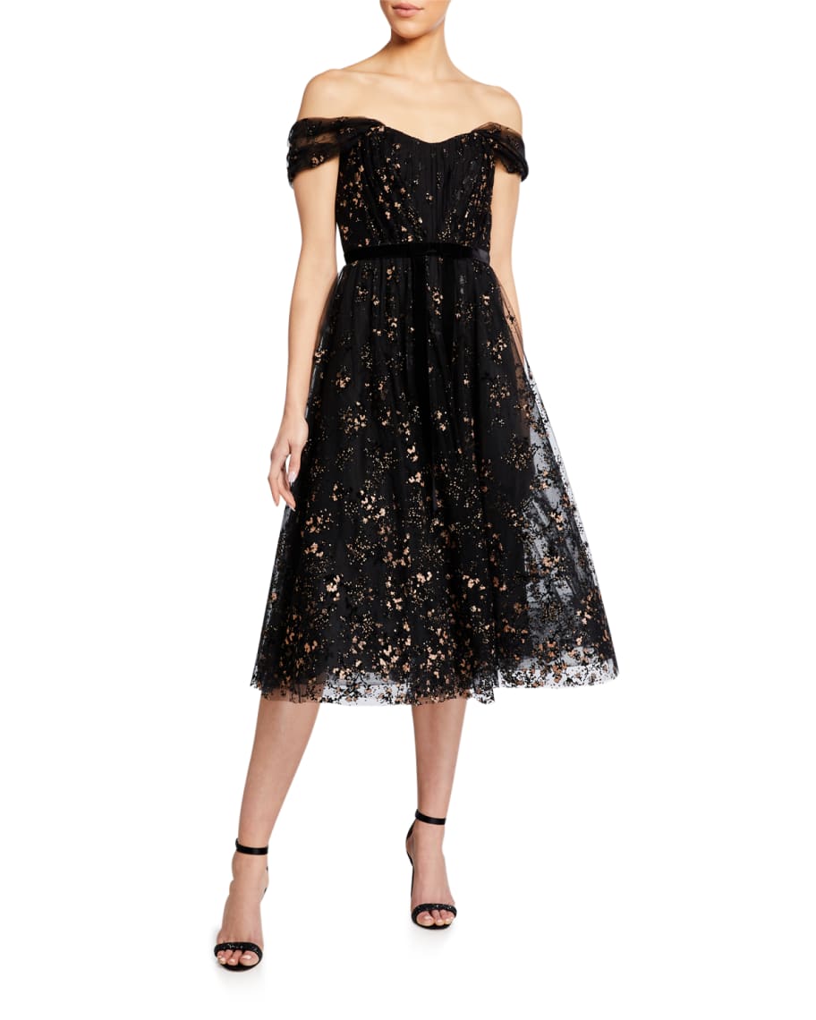 Marchesa Notte Off-the-Shoulder Flocked Glitter Tulle Midi Dress ...