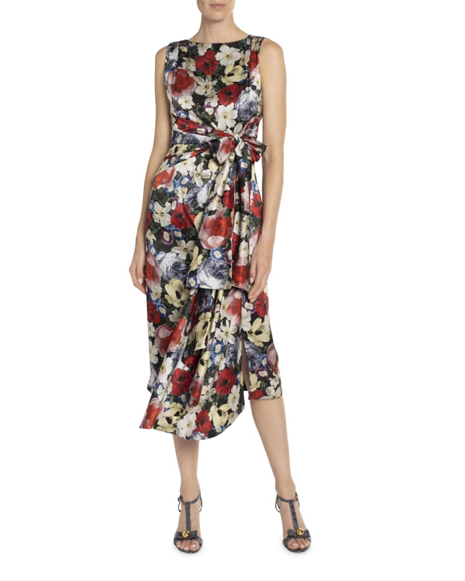 Erdem Rozaria Floral-Print Silk Bow-Waist Dress | Neiman Marcus