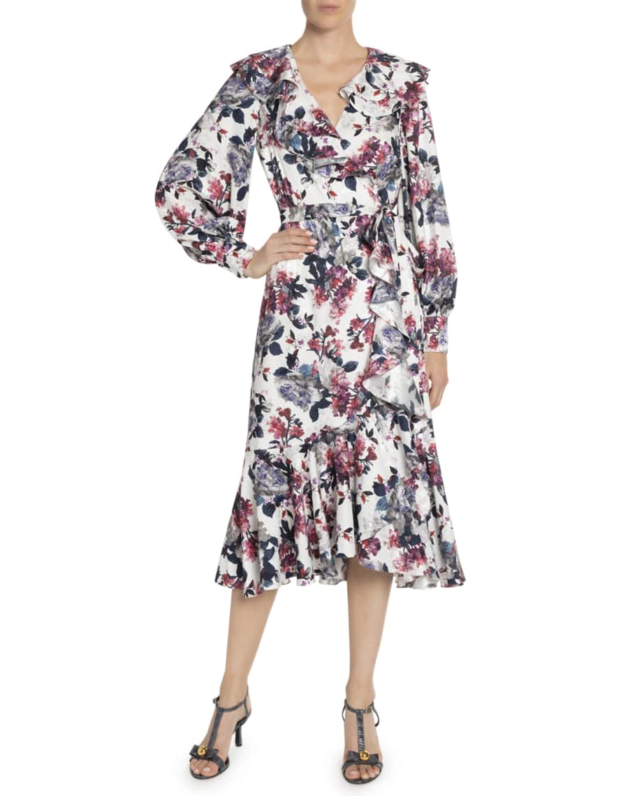 Erdem Jerridine Rose Blossom Ruffled Wrap Dress | Neiman Marcus