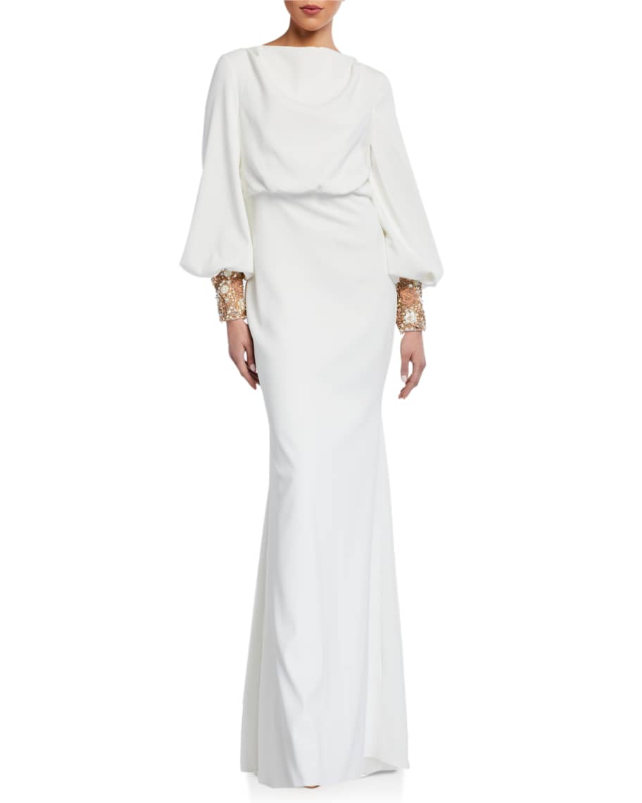 Badgley Mischka Couture Beaded-Cuff Long-Sleeve Gown | Neiman Marcus