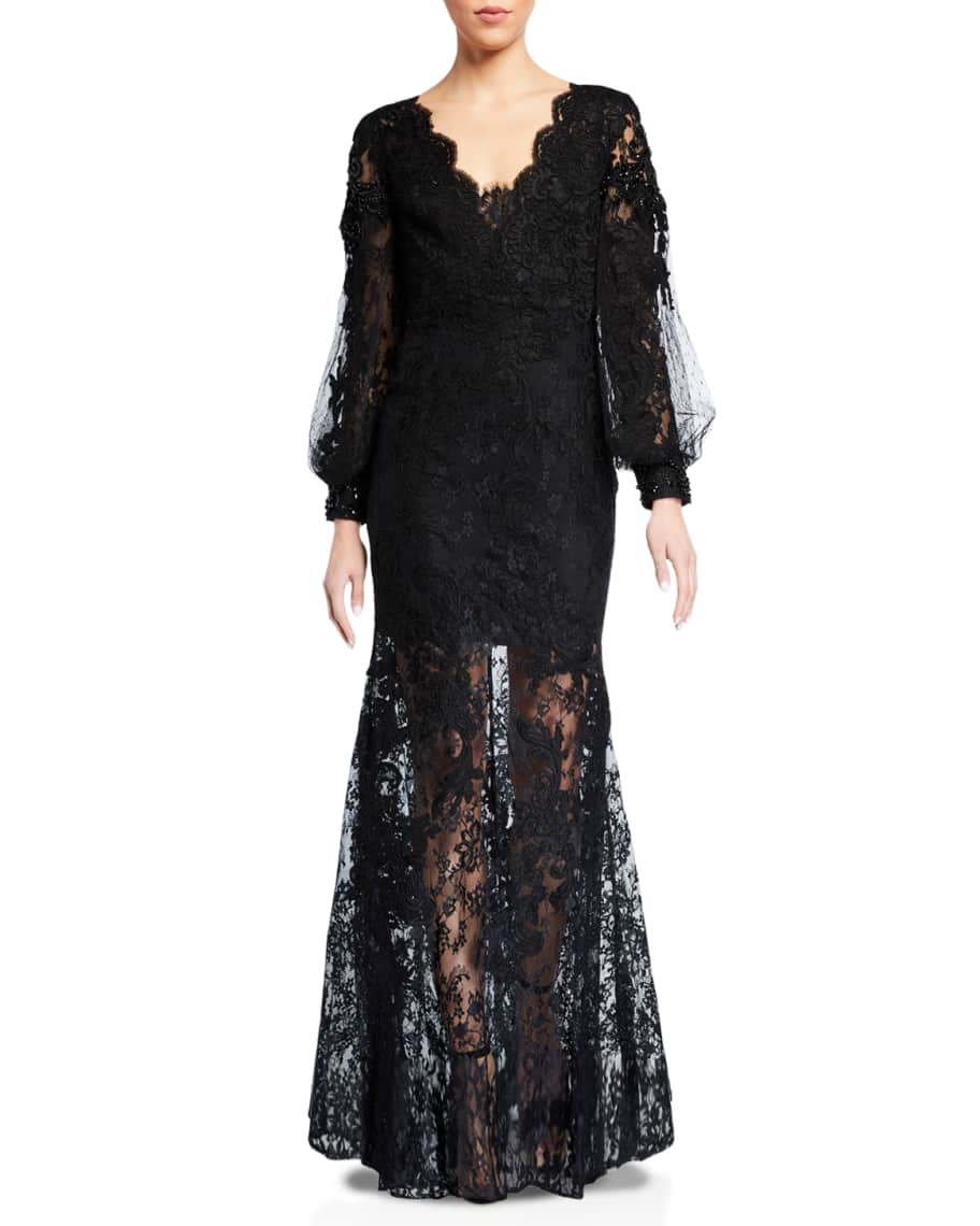 Badgley Mischka Couture Scalloped Lace Sheer-Hem Gown | Neiman Marcus