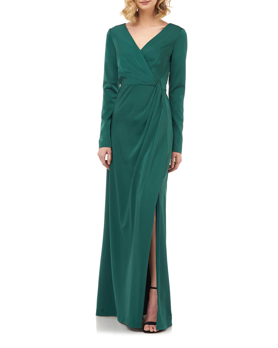 Kay Unger New York Adelina V-Neck Long-Sleeve Stretch Faille Gown w ...
