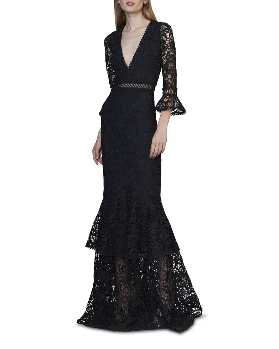 ML Monique Lhuillier 3/4-Sleeve V-Neck Gown With Ruffle Tier | Neiman ...