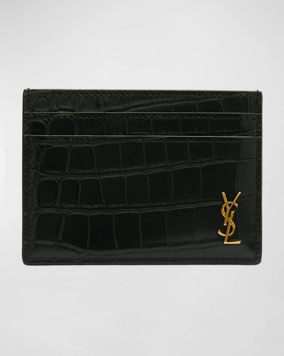 Saint Laurent Men's YSL Monogram Croc-Embossed Card Case