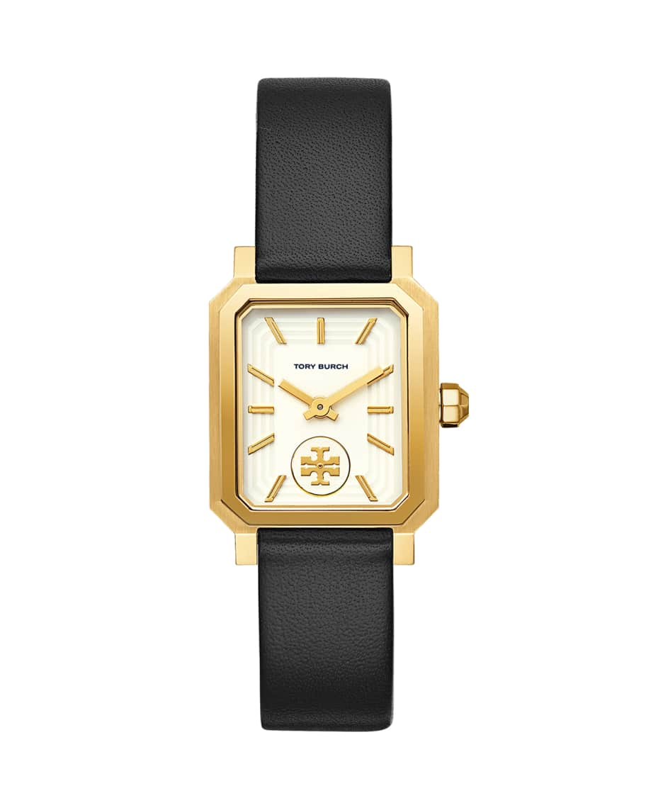 Tory Burch 27mm Robinson Leather Watch W/ Moving Logo, Black In Cream/black