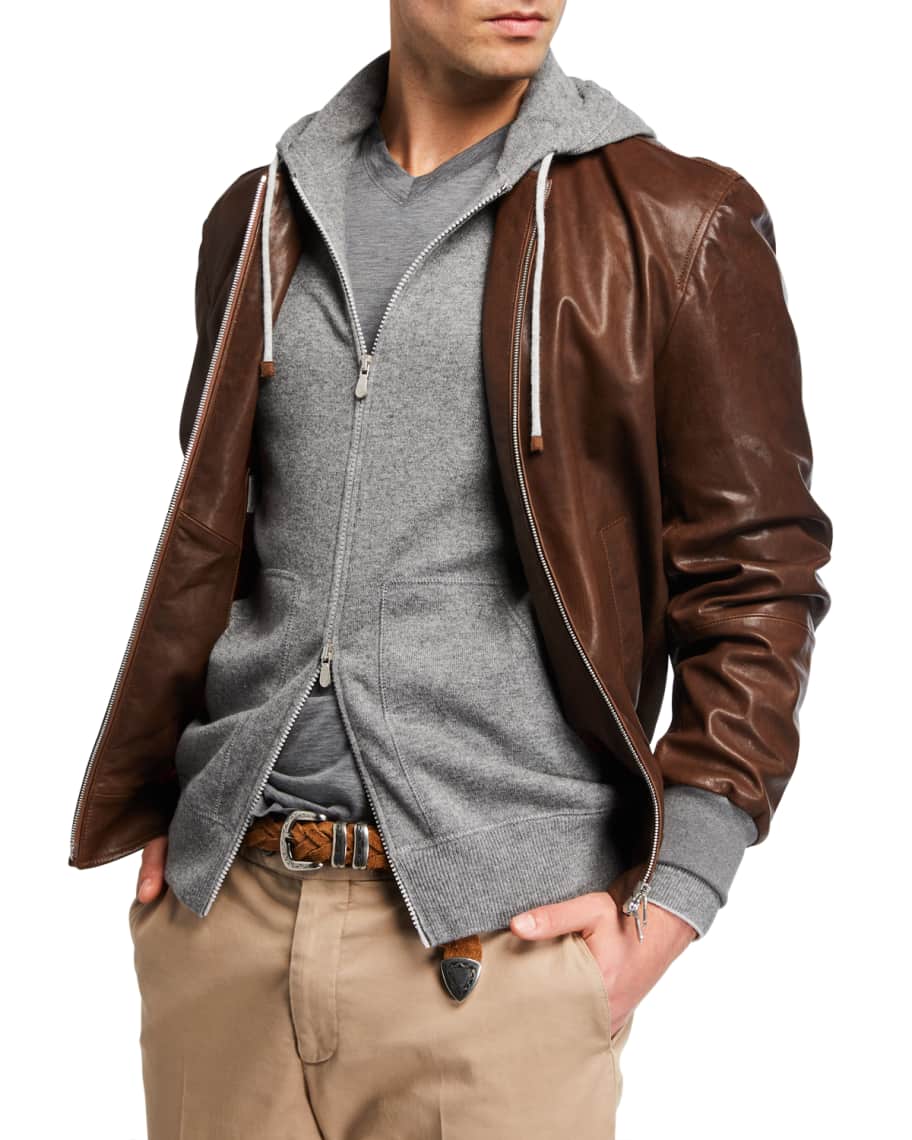 Brunello Cucinelli Men's Knit-Trim Leather Jacket | Neiman Marcus