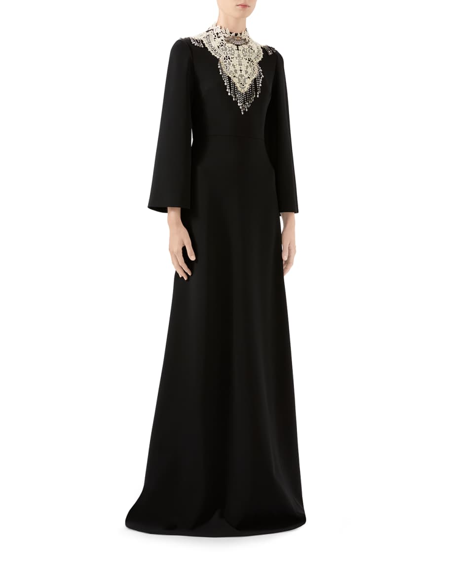 Gucci 3/4-Sleeve Bejeweled High-Neck Gown | Neiman Marcus