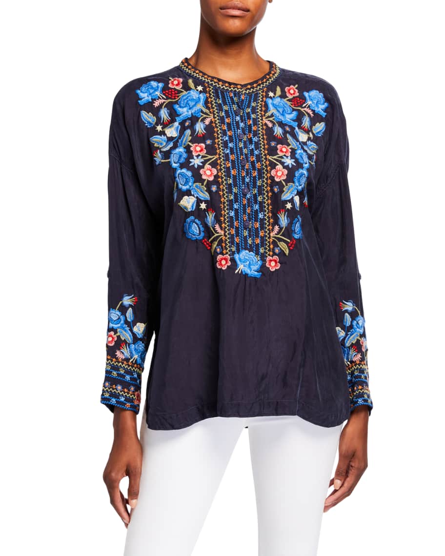 Johnny Was Indra Embroidered Cupro Blouse | Neiman Marcus