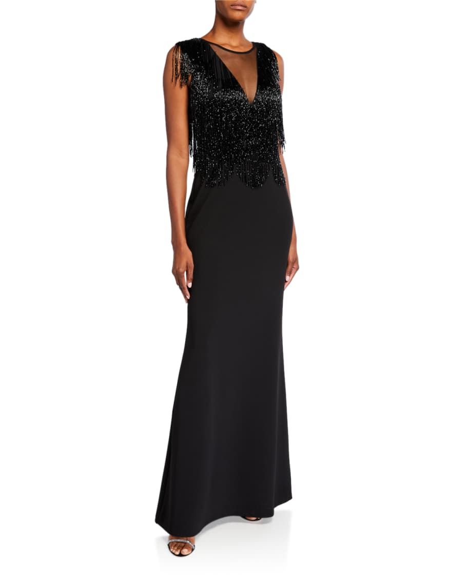Aidan Mattox Plunge V-Neck Illusion Beaded-Fringe Sleeveless Gown | Neiman  Marcus