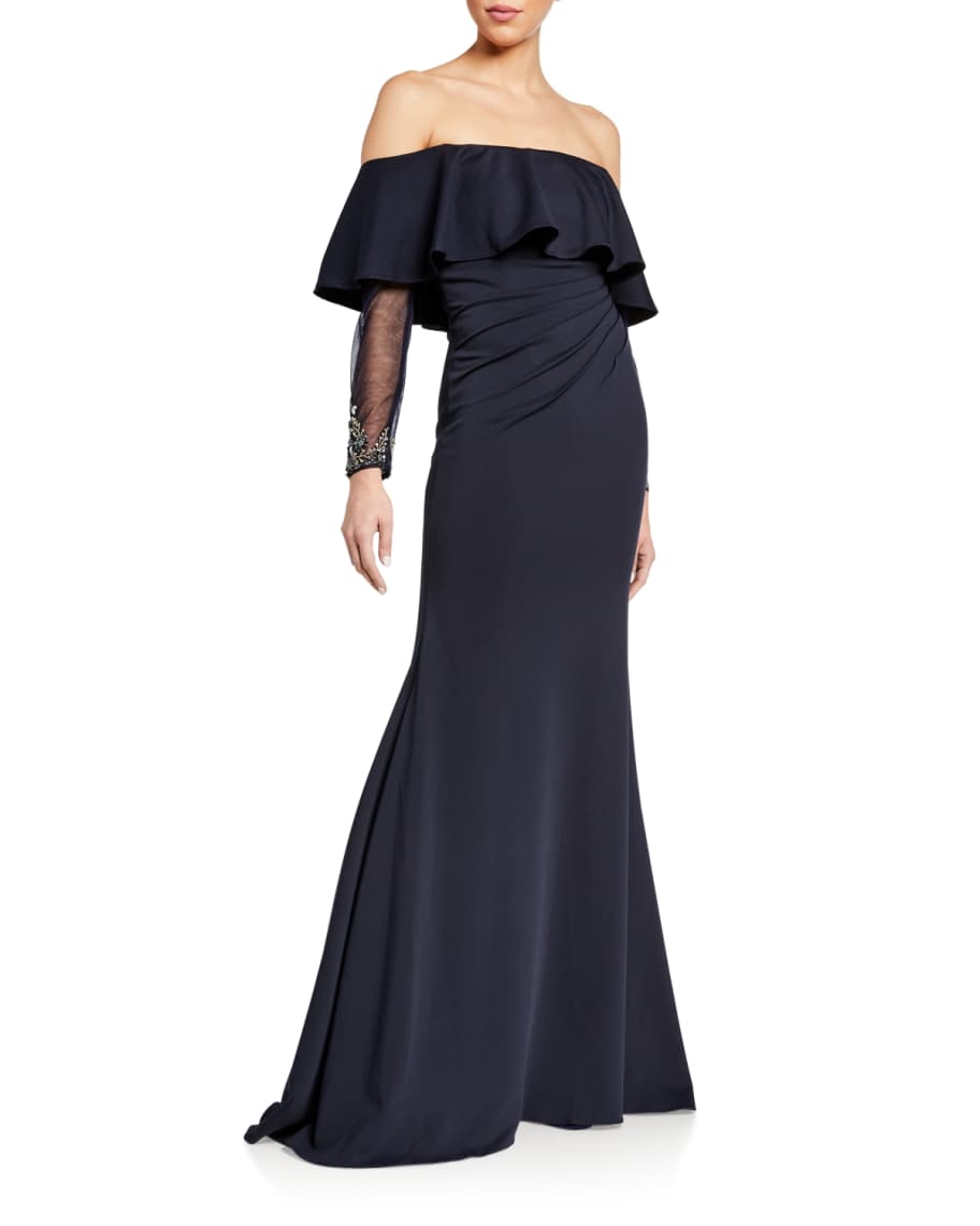 Jovani Off-the-Shoulder Sheer Long-Sleeve Gown w/ Flounce Popover ...