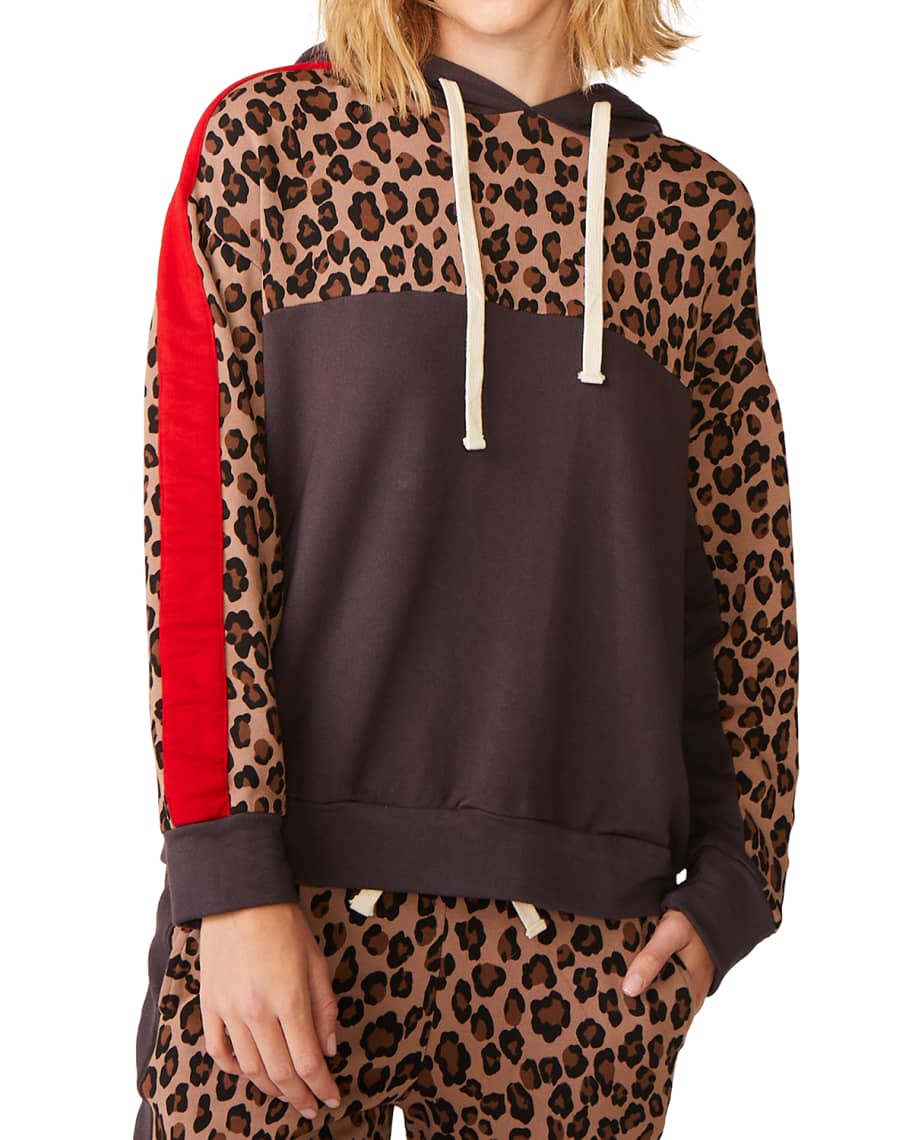 Monrow Leopard Print Block Pullover Hoodie Sweatshirt Neiman Marcus