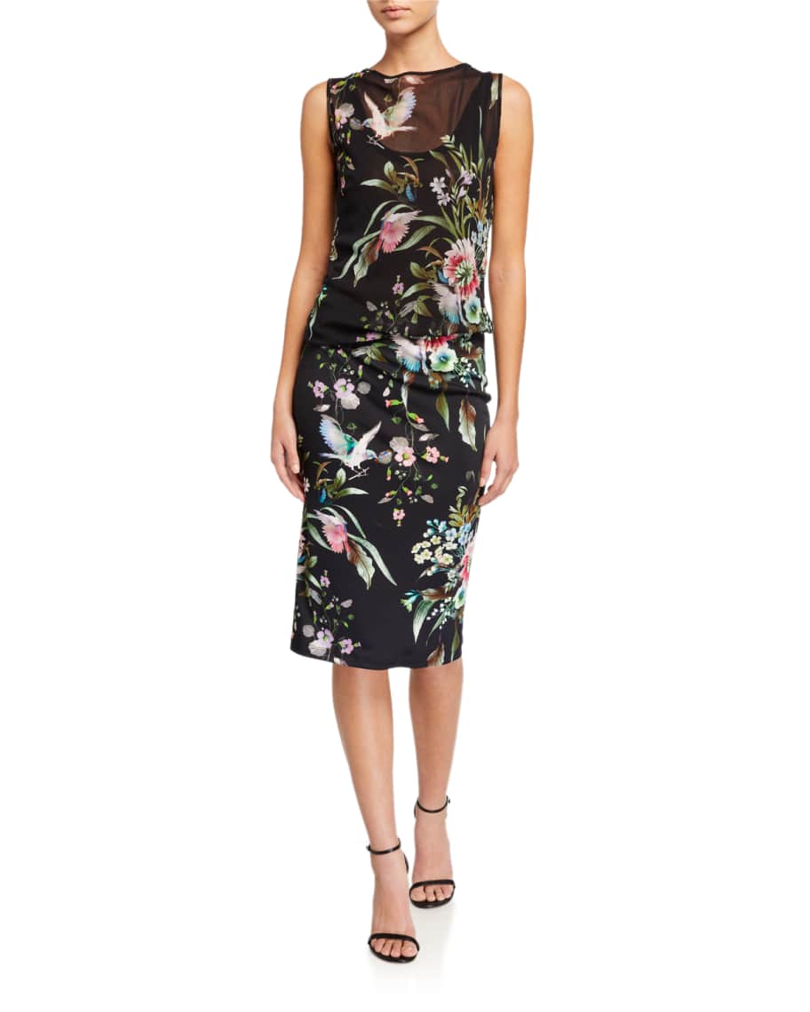 Fuzzi Bouquet Print Sleeveless Tulle Jersey Mix Dress | Neiman Marcus