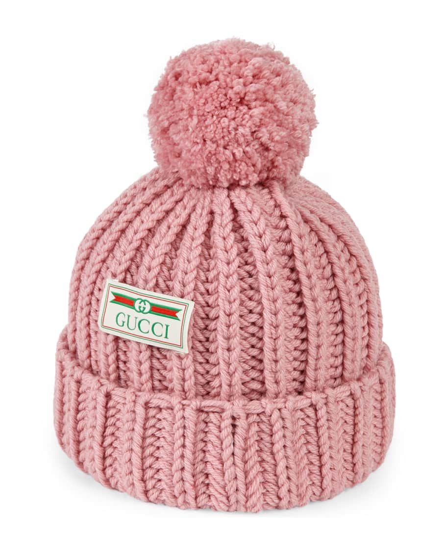 Gucci Knit Wool Pompom Beanie Hat w/ Logo Patch Neiman Marcus