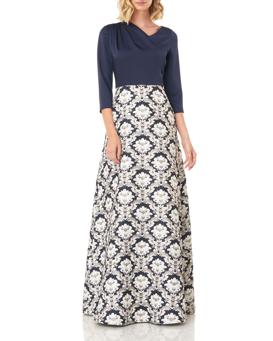 Kay Unger New York Izabella 3/4-Sleeve Jacquard Ball Gown w/ Stretch ...