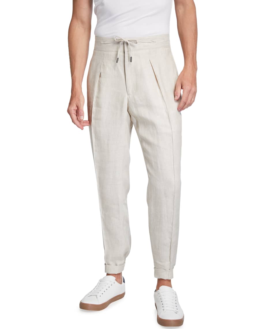 Isaia Men's Stone Linen Pleated Tapered Trousers | Neiman Marcus