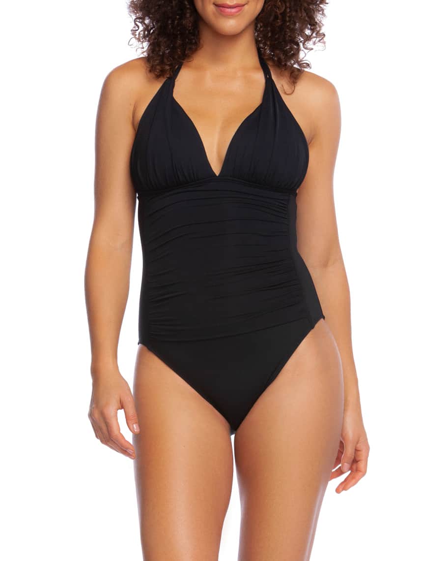 La Blanca Ruched Halter Mio OnePiece Swimsuit Neiman Marcus
