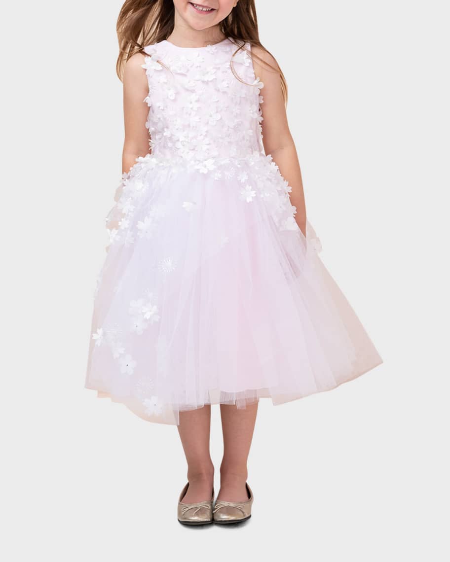 White Label by Zoe Girl's Lauren 3D Flower Embellished Tulle Dress, Size 2-12, White/Blush, 2, Girls Apparel Dresses
