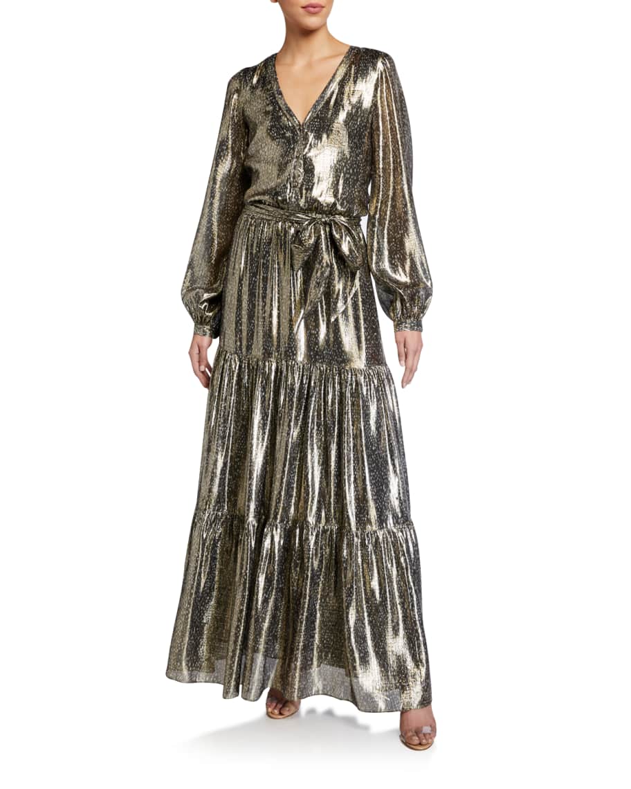 Ramy Brook Gio Printed Metallic Long-Sleeve Tiered Dress | Neiman Marcus