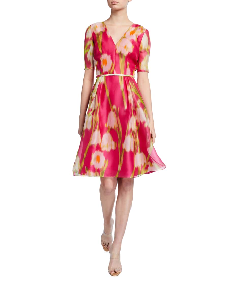 Carolina Herrera Floral Print Chiffon 1/2-Sleeve Dress | Neiman Marcus
