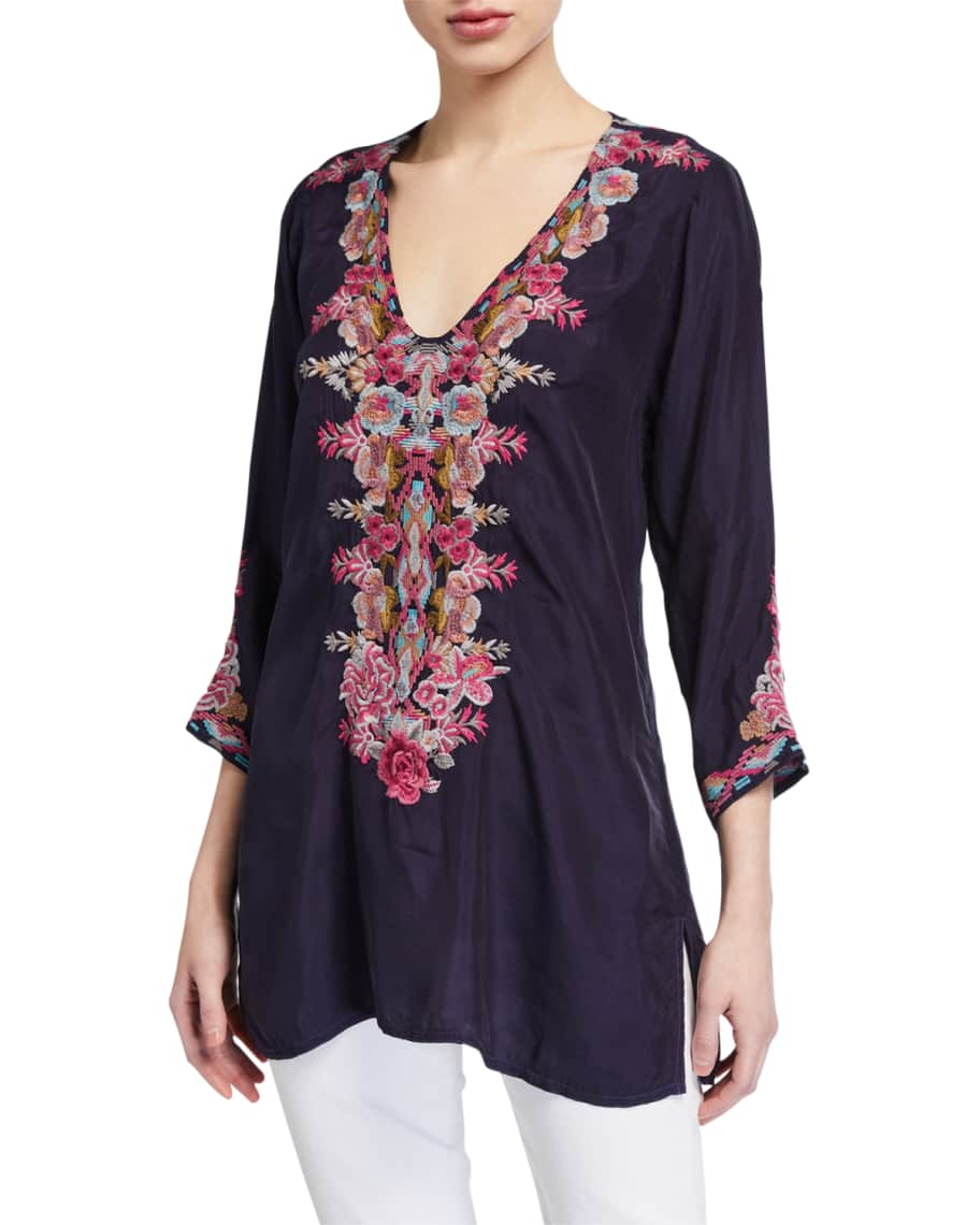 Johnny Was Briony V-Neck Embroidered Cupro Blouse | Neiman Marcus
