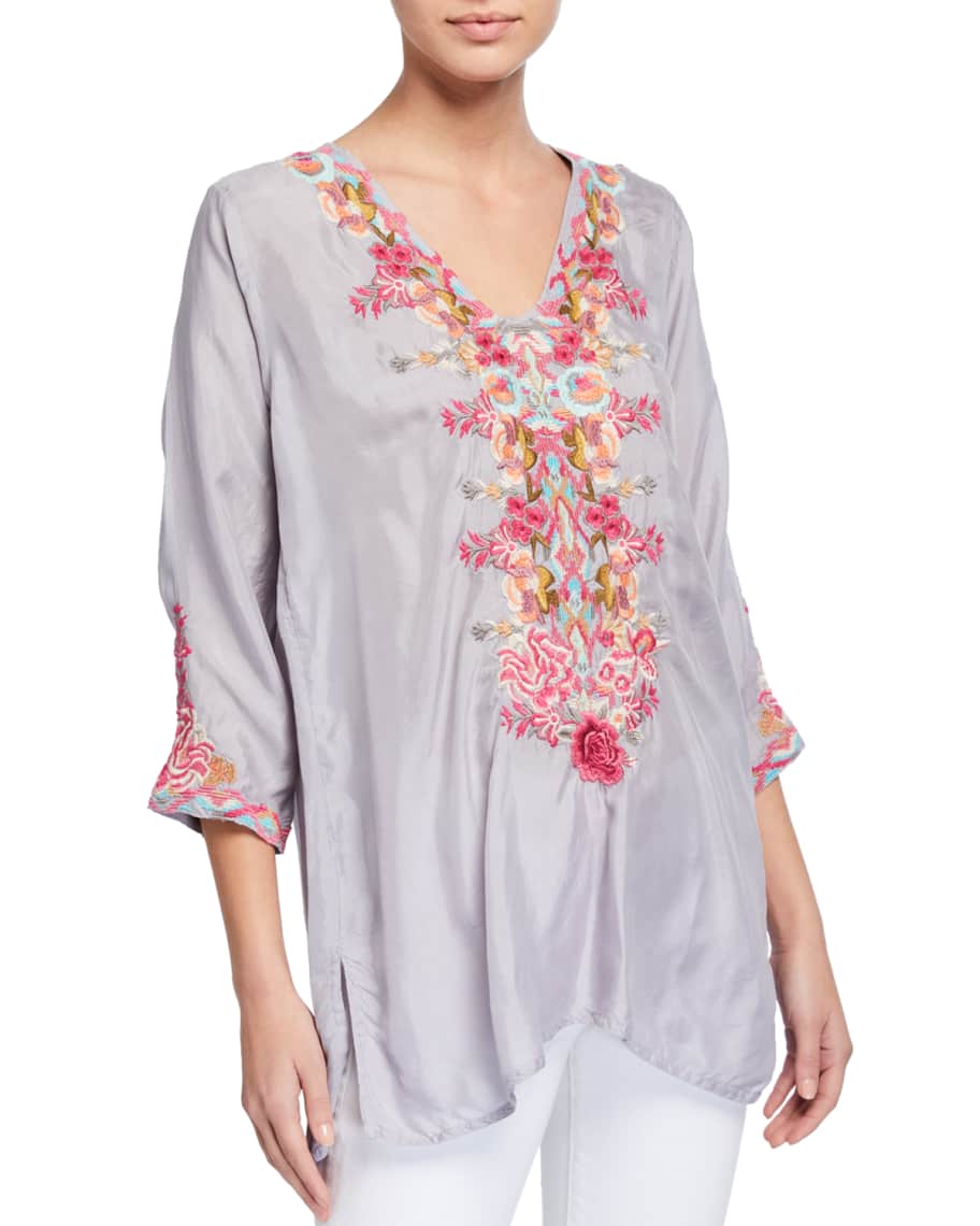 Johnny Was Briony V-Neck Embroidered Cupro Blouse | Neiman Marcus