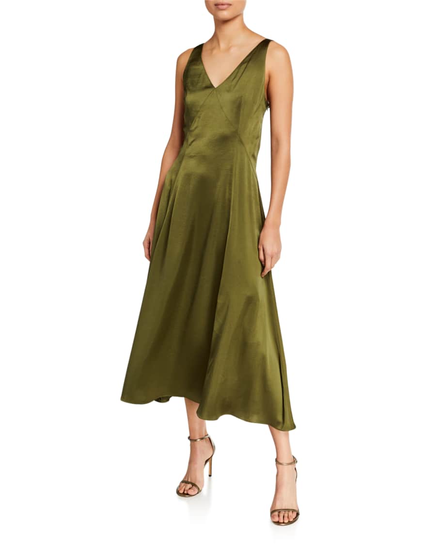 Elie Tahari Olive Sleeveless Satin Midi Dress | Neiman Marcus