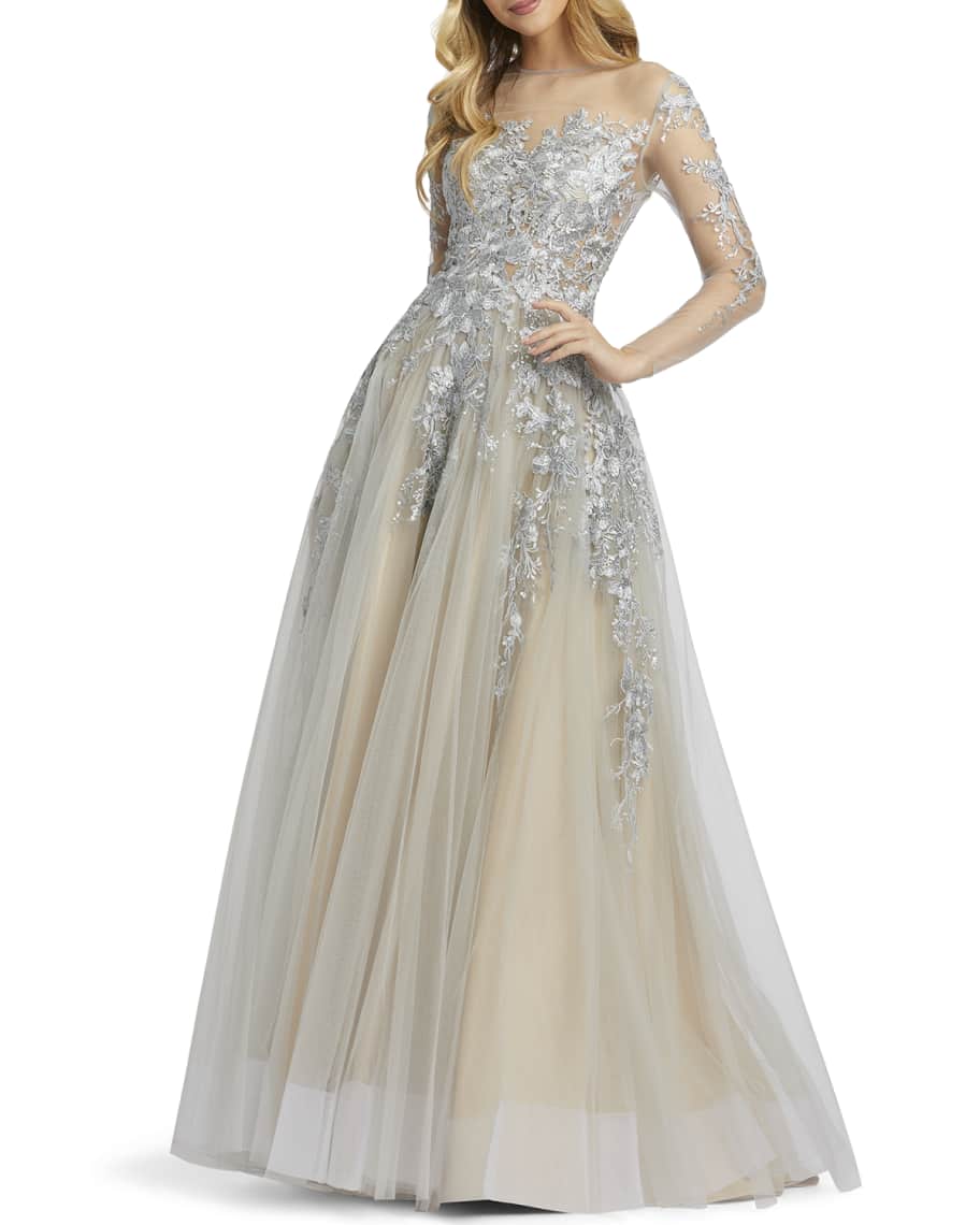 Mac Duggal Long-Sleeve Floral Applique Illusion Ball Gown | Neiman Marcus
