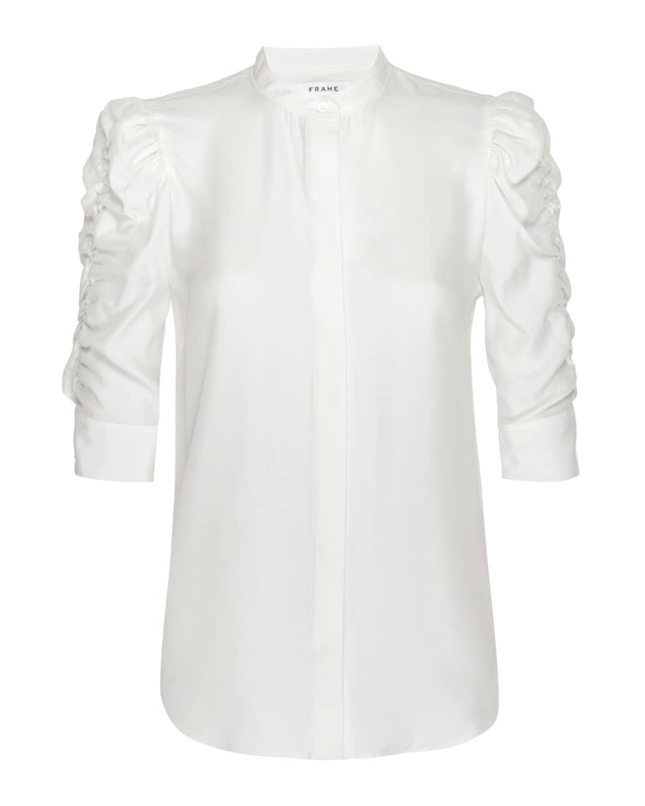 FRAME Shirred-Sleeve Button-Up Silk Shirt | Neiman Marcus