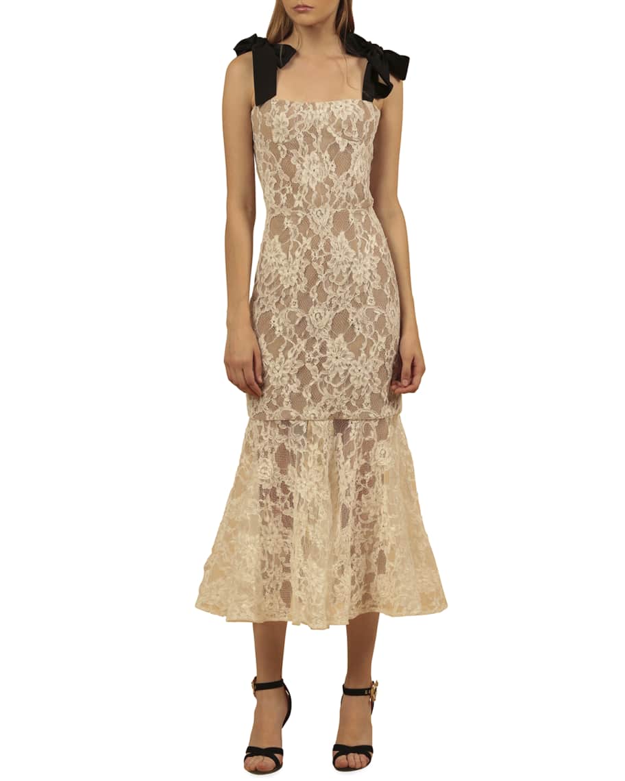 Bronx and Banco Willow Bow-Shoulder Flared Lace Midi Dress | Neiman Marcus