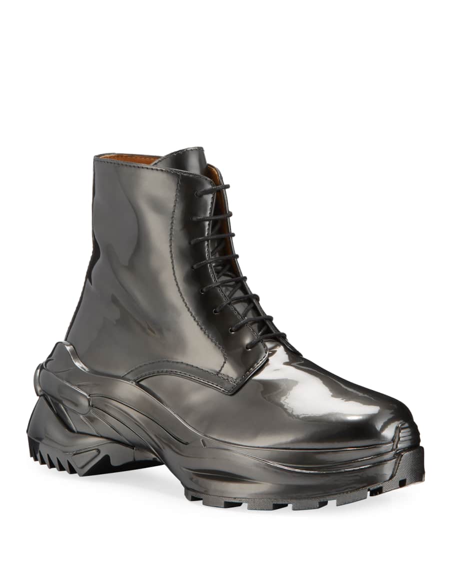 Maison Margiela Men's Cross Shiny Faux-Leather Combat Boots | Neiman Marcus