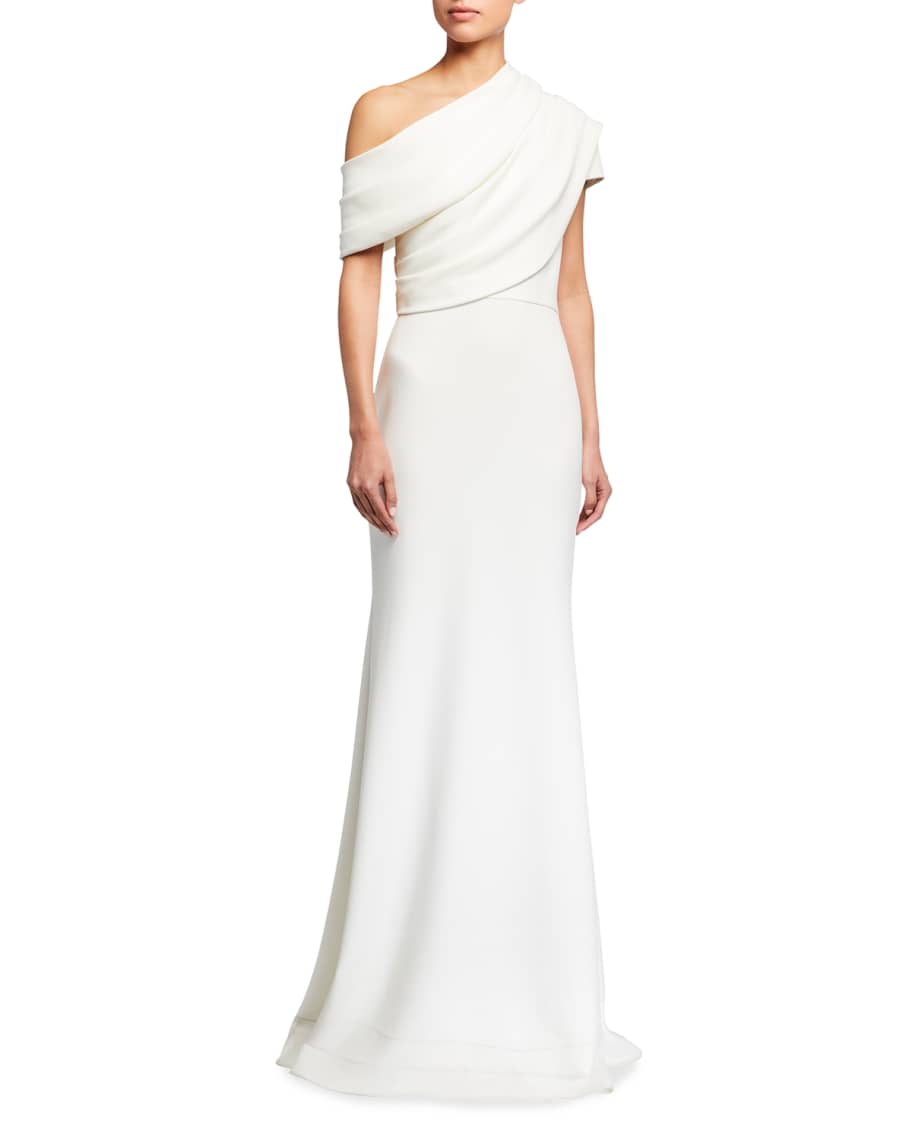 Badgley Mischka Collection One-Shoulder Asymmetric Sleeve Crepe Gown ...