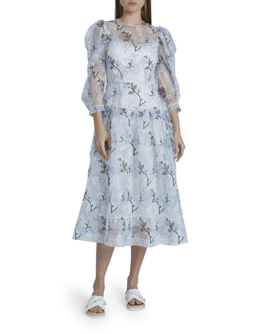 Simone Rocha Full-Sleeve Floral-Embroidered Dress | Neiman Marcus