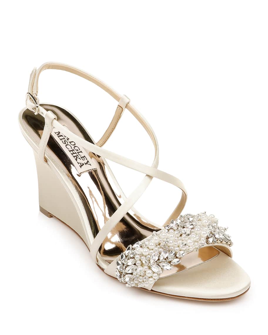 Badgley Mischka Clarisa Crystal-Embellished Satin Wedge Sandals ...