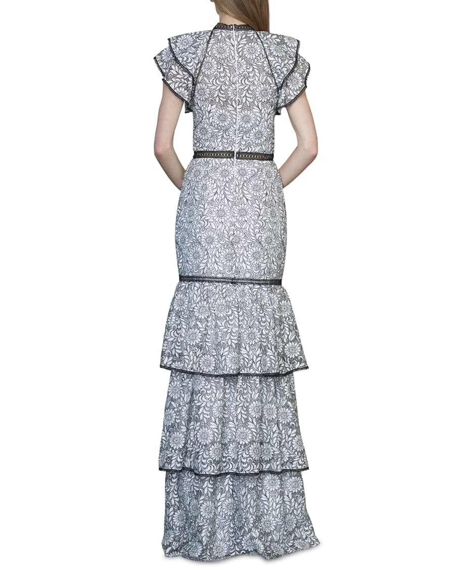 ML Monique Lhuillier Flutter-Sleeve Ruffle Tiered Lace Gown | Neiman Marcus