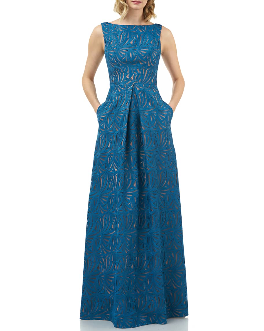 Kay Unger New York Mckenna Boat-Neck Sleeveless Embroidered Lace Gown ...