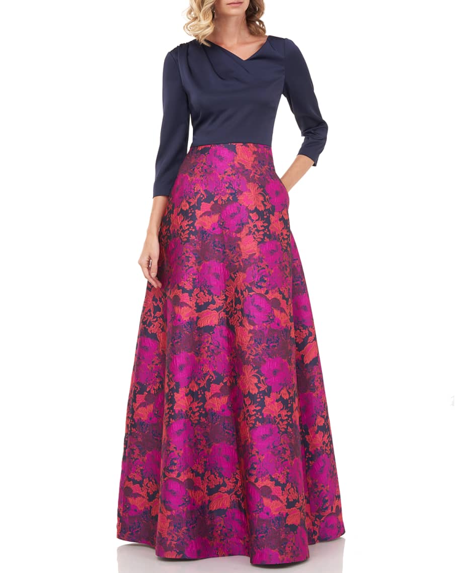 Kay Unger New York Izabella Stretch Faille Bodice Floral Jacquard Gown ...