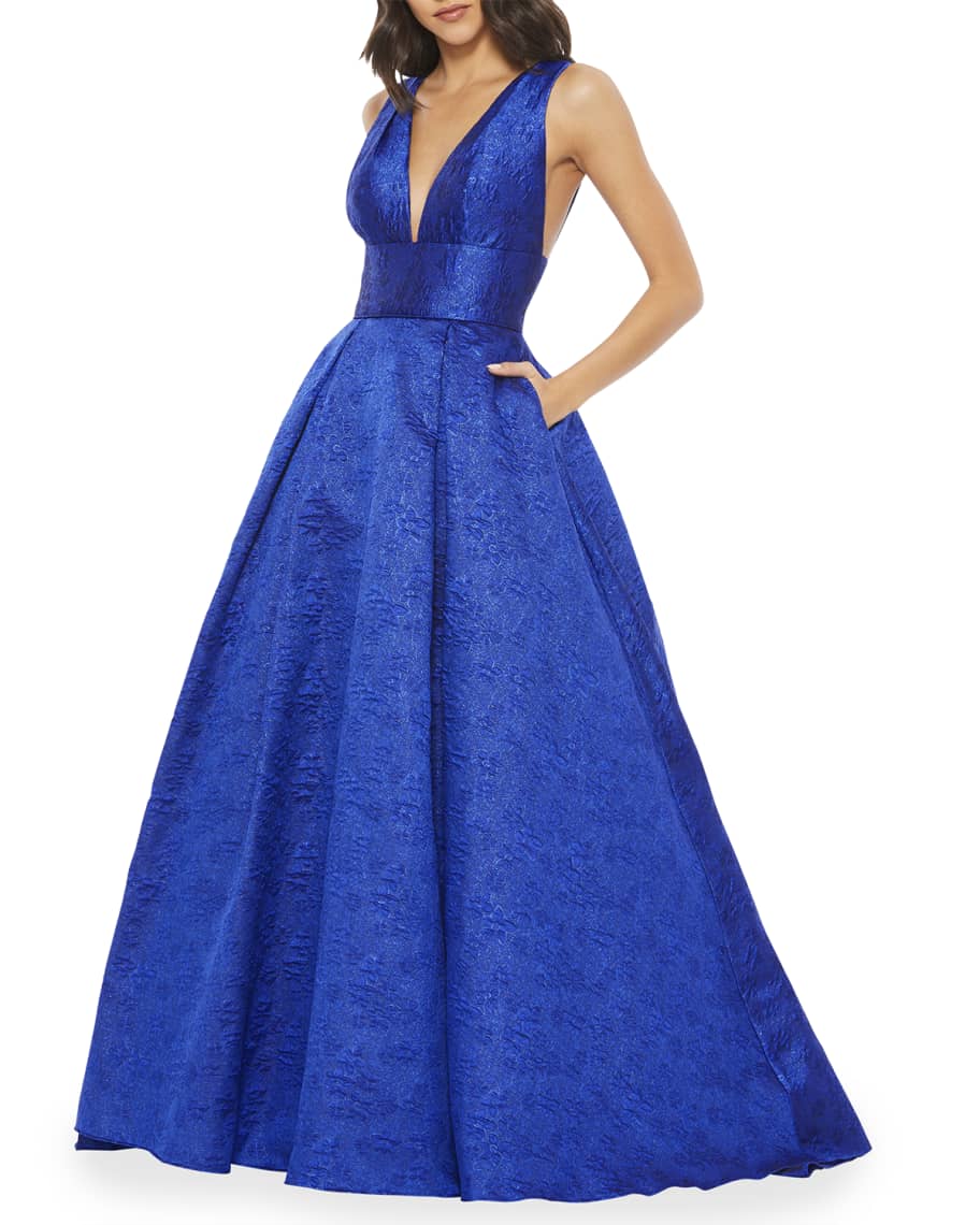 Mac Duggal Floral Brocade Empire Waist Ball Gown w Pockets