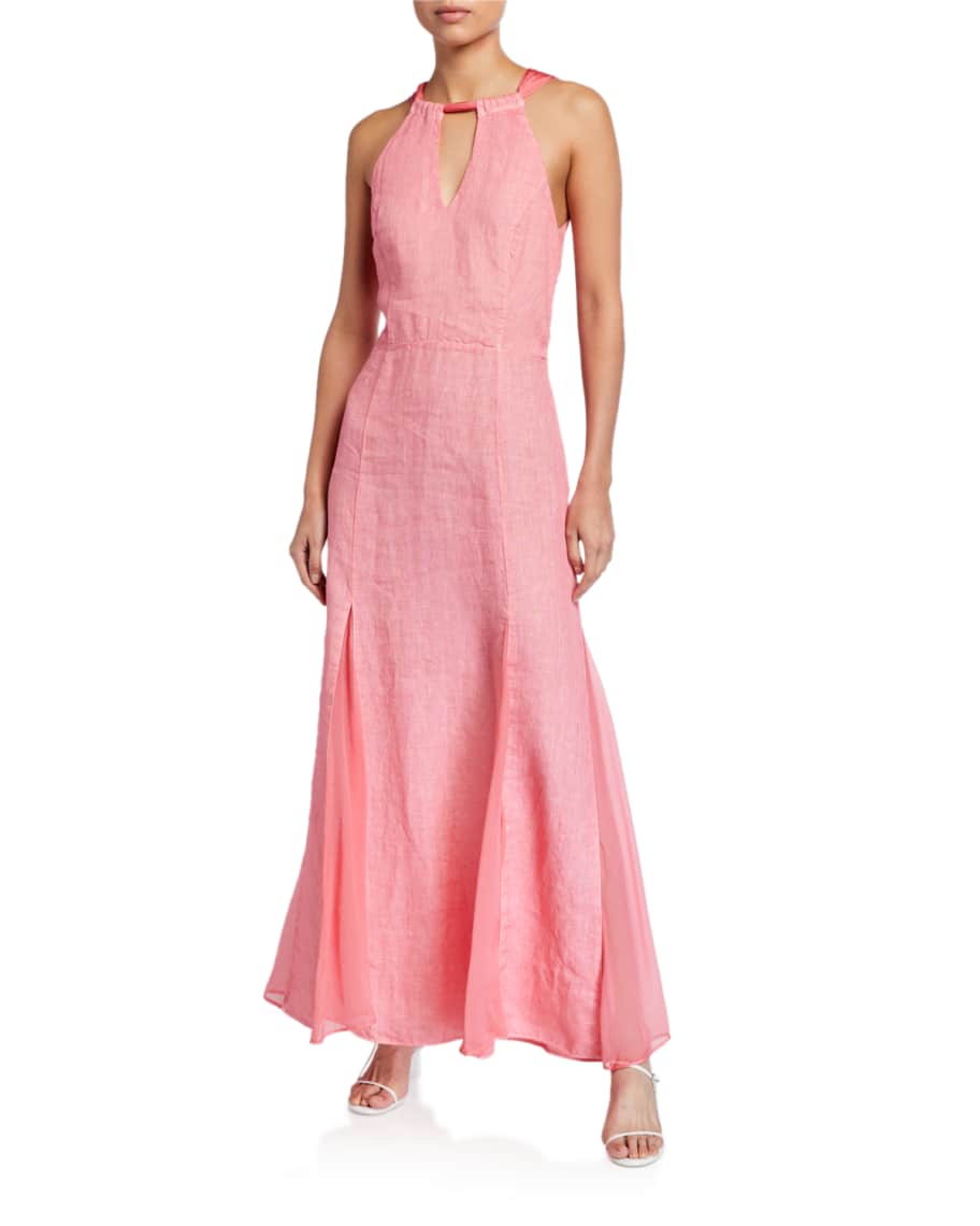120% Lino Tie-Back Halter Maxi Dress w/ Godet-Skirt | Neiman Marcus