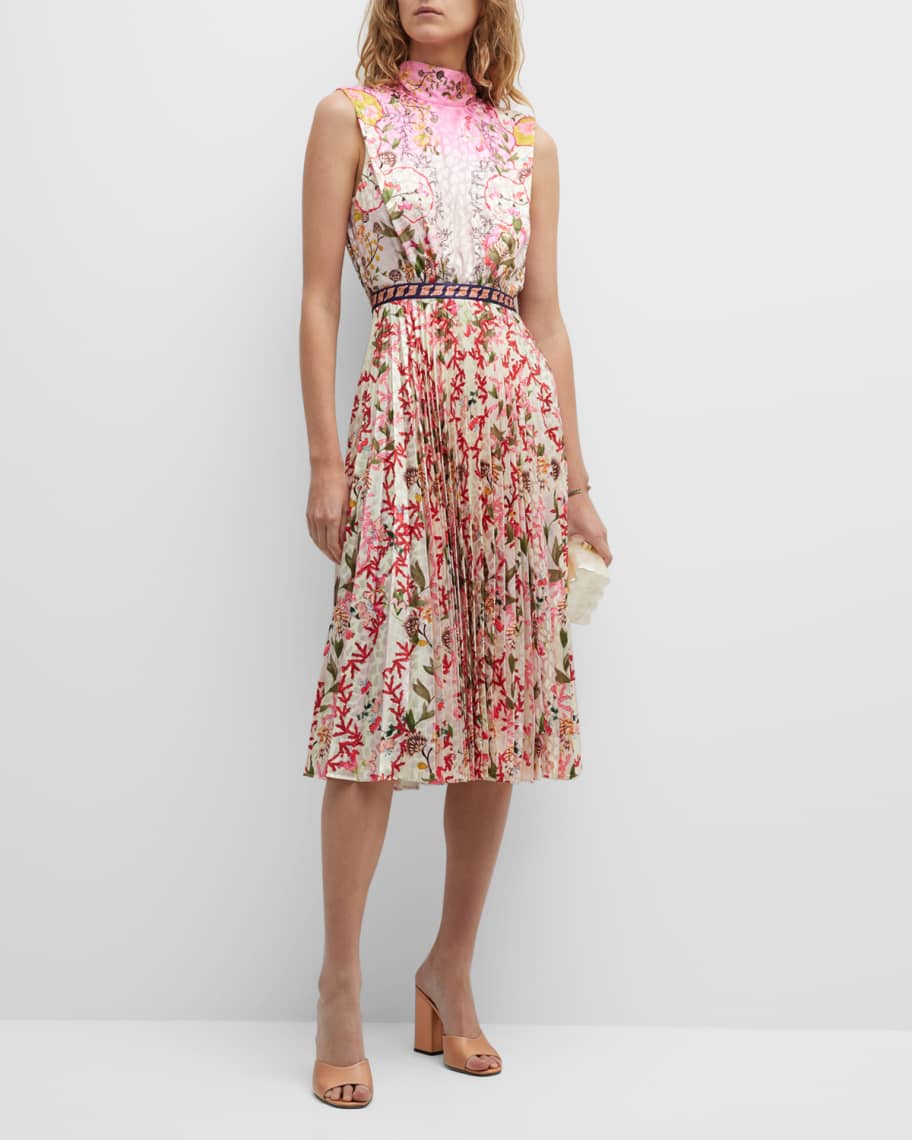 Saloni Fleur Pleated Satin Sleeveless Midi Dress | Neiman Marcus
