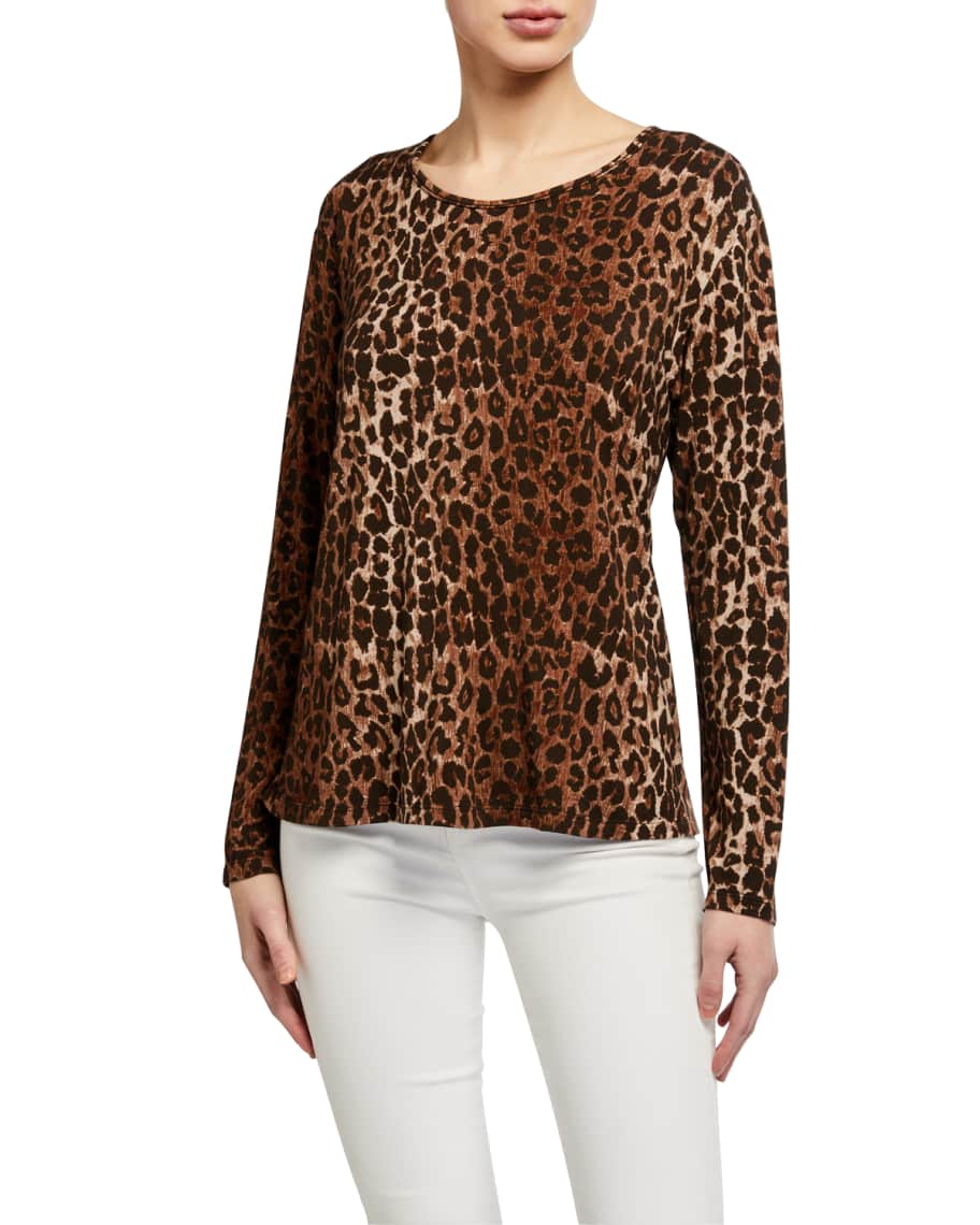 Johnny Was Leopard Front Long-Sleeve Jersey Top w/ Floral Back | Neiman ...