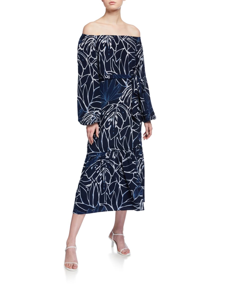 Image 1 of 2: Aurora Reverse Porcelain Print Off-the-Shoulder Silk Dress