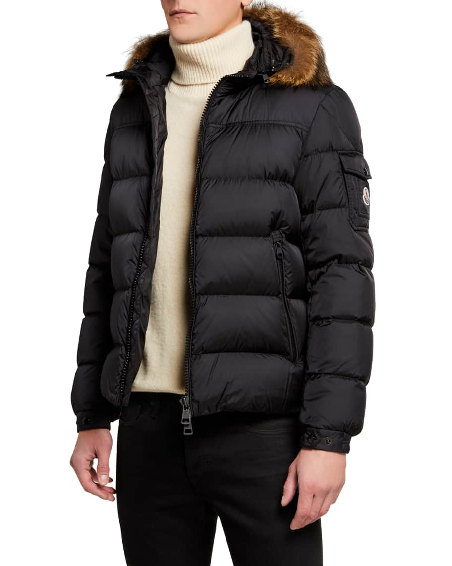 Moncler Men's Marque Fur-Trim Puffer Jacket | Neiman Marcus