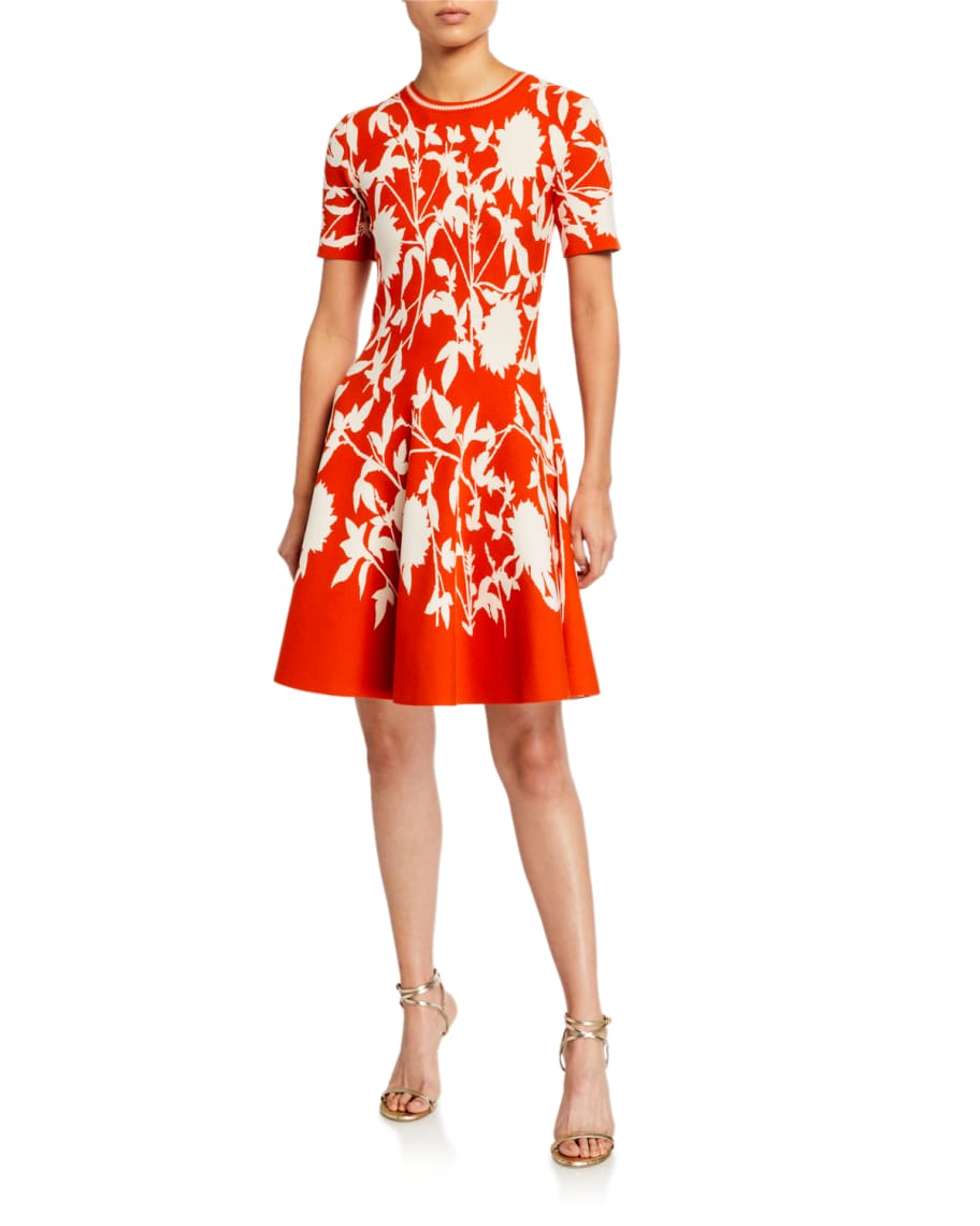 Oscar de la Renta Floral Print Crepe Short-Sleeve Dress | Neiman Marcus