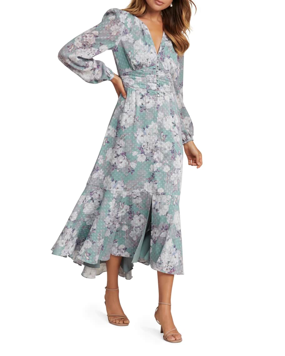 Ever New Floral Long-Sleeve High-Low Shirred Waist Dress | Neiman Marcus