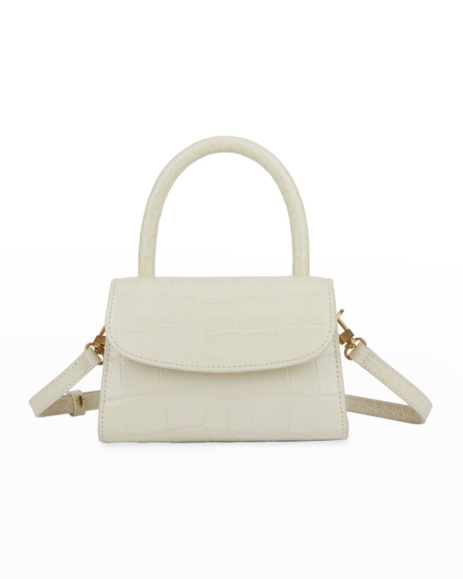 BY FAR Mini Croc-Embossed Leather Top-Handle Bag, Cream