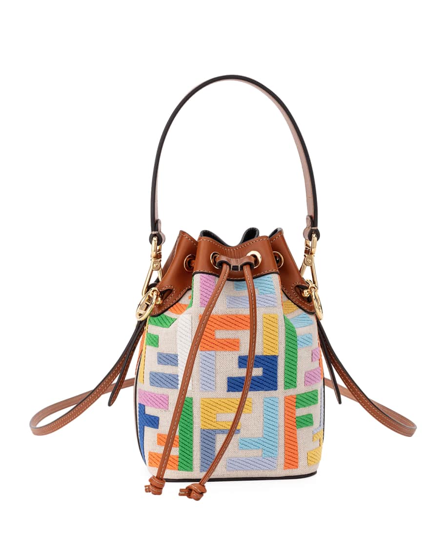 Fendi Mini Mon Tresor Bucket Bag with Woven Handle In FF Motif Canvas Beige
