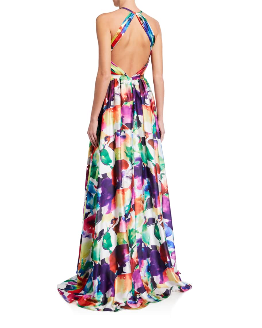 Love, Theia Geometric Watercolor Printed Charmeuse Halter Gown | Neiman ...