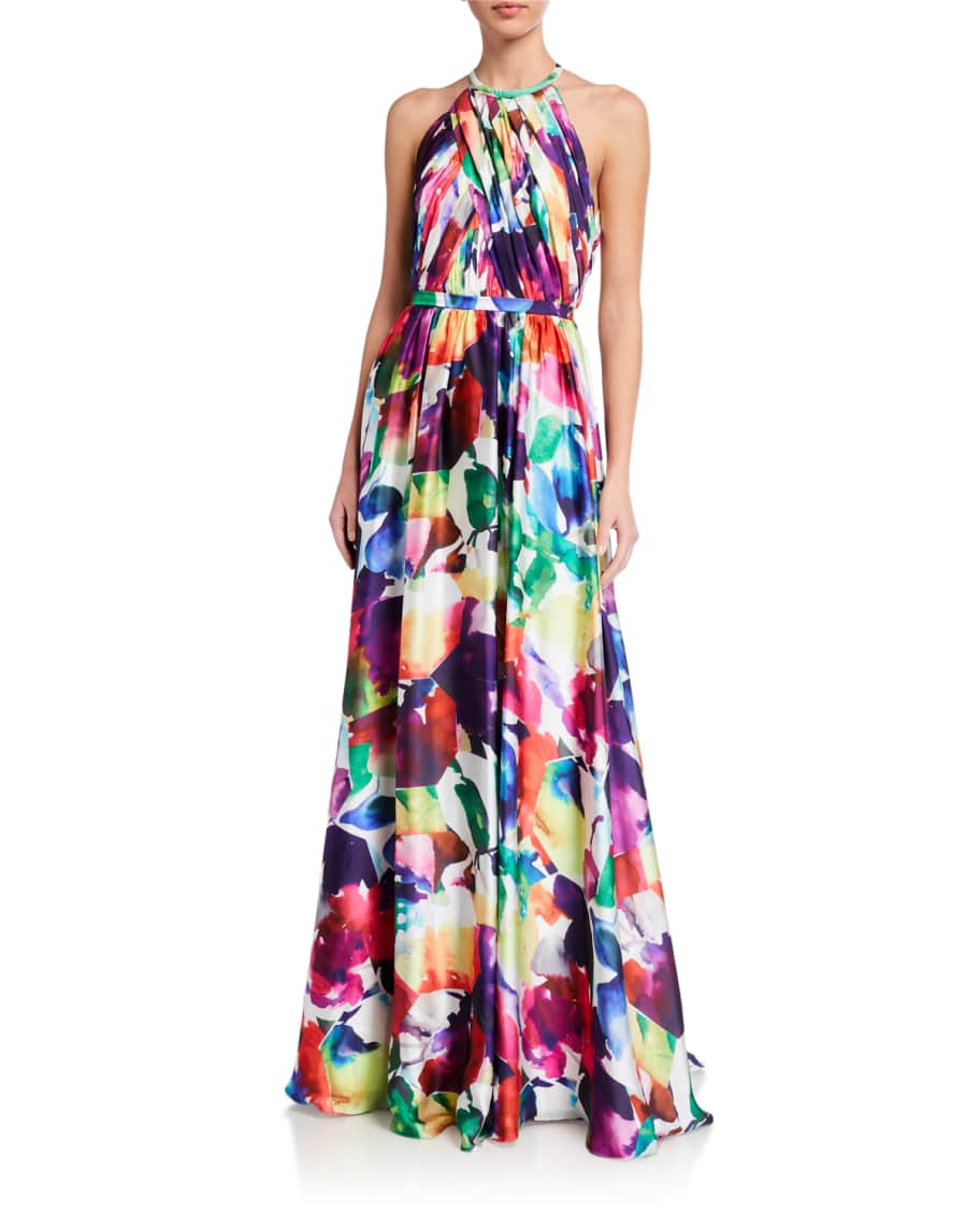 Love, Theia Geometric Watercolor Printed Charmeuse Halter Gown | Neiman ...