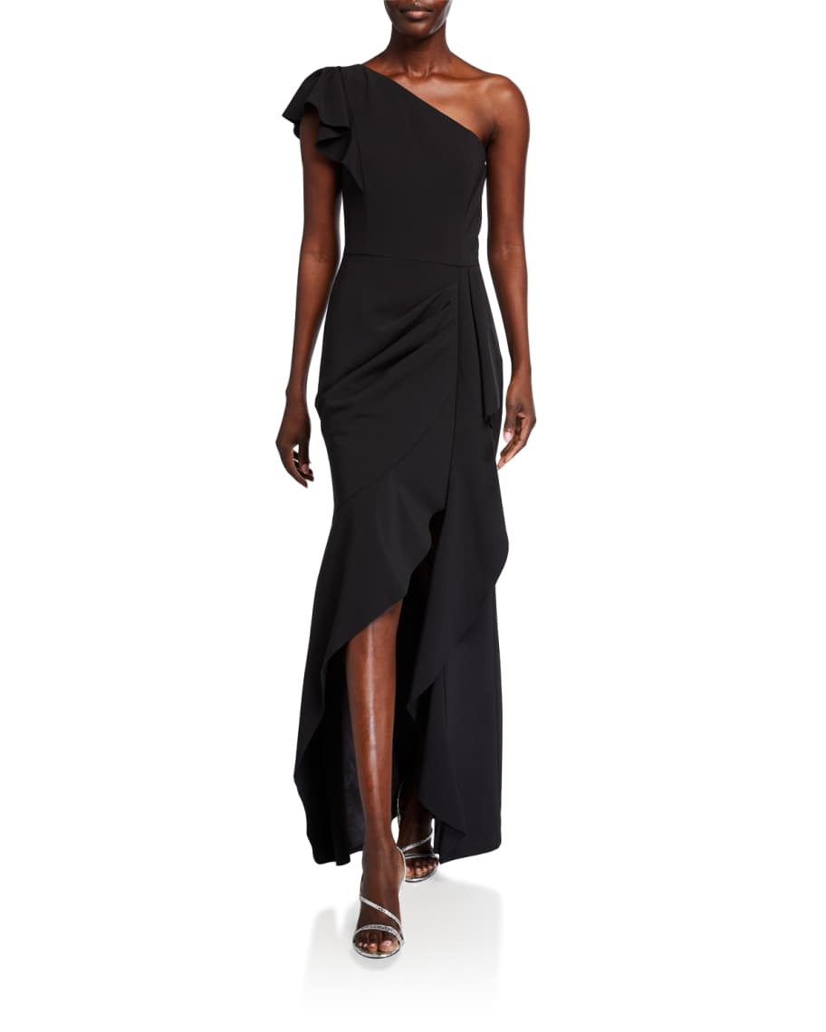 Parker Black Megan Asymmetric Crepe Ruffle Gown | Neiman Marcus